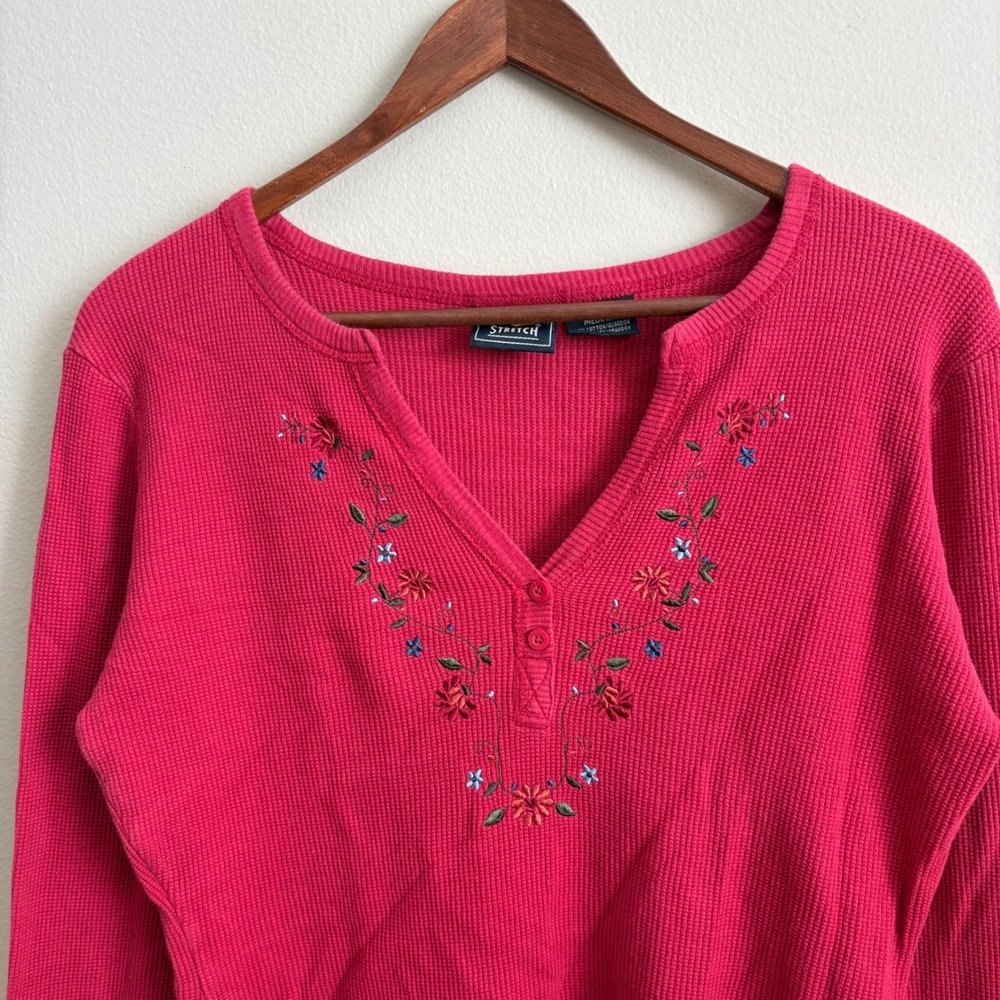 Vtg Y2K Route 66 Womens Boho Cottage Core Embroidered Flower Red Thermal Henley
